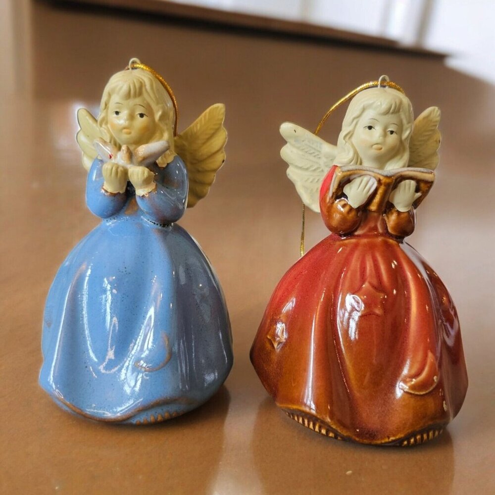 Vintage Ceramic Angel Bells Christmas Ornaments Set‎ Of 2 Blue Red 4 Inches